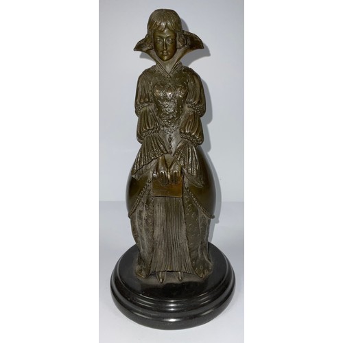 229 - Chiparus, after, a bronze sculture, of a young lady holding a book, circular composite marble base, ... 