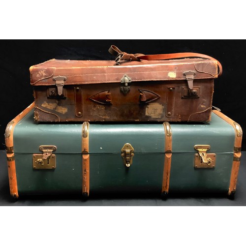 230 - A steamer trunk, with assorted Cunard Line stickers; a brown leather case (2)