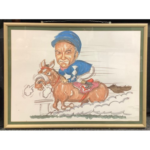 331 - Ray Allen (contemporary) Lester Piggott, Caricature, sketch and wash, signed and dated 94, 76cm x 10... 