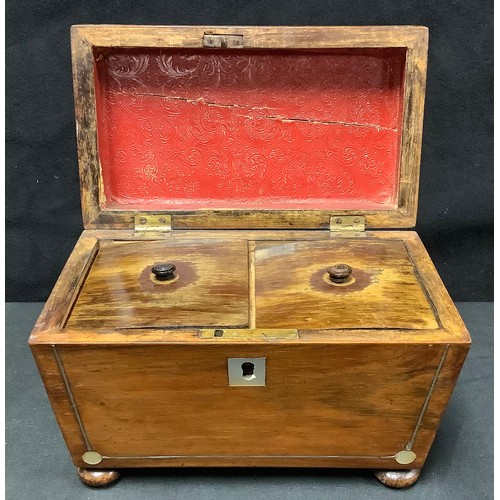 427 - A Victorian sarcophagus shaped tea caddy, mother-of-pearl inlaid, four bun feet; an oak three tier f... 