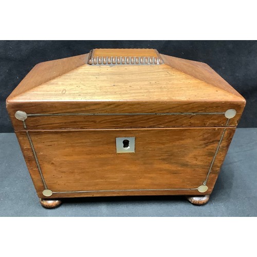 427 - A Victorian sarcophagus shaped tea caddy, mother-of-pearl inlaid, four bun feet; an oak three tier f... 