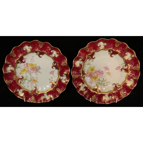 451 - A pair of Royal Crown Derby shaped circular cabinet plates, the central field painted with a spray o... 