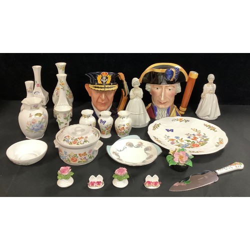 454 - An Aynsley Cottage Garden pattern baluster vase, cake plate and slicer, assorted vases, pair of plac... 