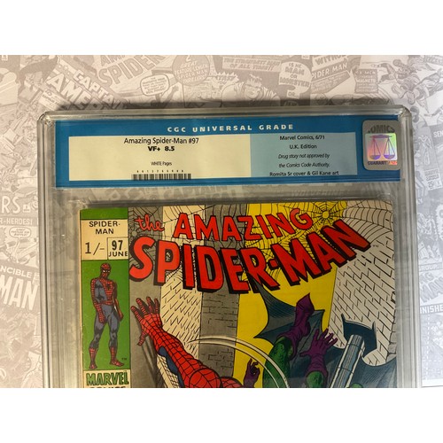 6280 - The Amazing Spider-Man #97 (1971) CGC Graded 8.5 VF+. UK price variant. John Romita and Gill Kane Ar... 