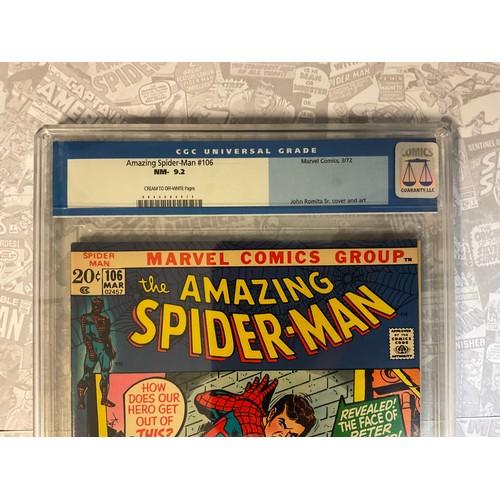 6283 - Amazing Spider-Man #106 (1972) CGC Graded 9.2 NM-. John Romita Snr artwork. Bronze Age Marvel Comic.