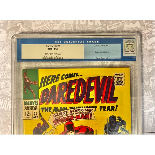 6293 - Daredevil #27 (1967). CGC Graded 9.2 NM-. Spider-Man cross over. Gene Colan artwork. Silver age Marv... 