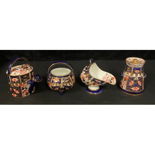 148 - A set of four Royal Crown Derby Imari 6299 pattern miniatures, Watering Can, 7cm, printed mark, date... 