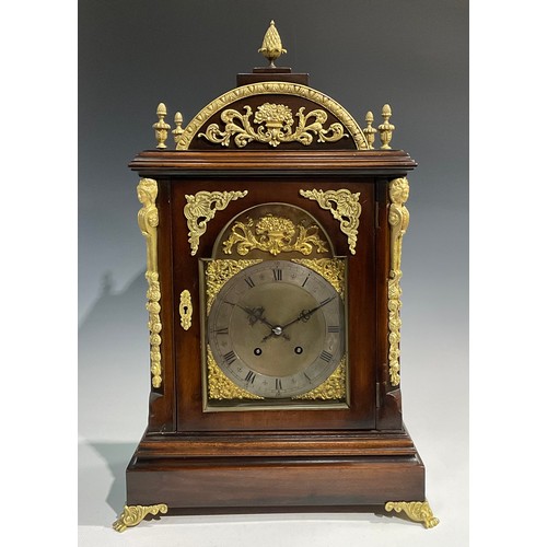 1757 - A George II style gilt metal mounted mahogany bracket clock, 18.5cm arched brass dial with silvered ... 