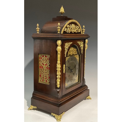 1757 - A George II style gilt metal mounted mahogany bracket clock, 18.5cm arched brass dial with silvered ... 