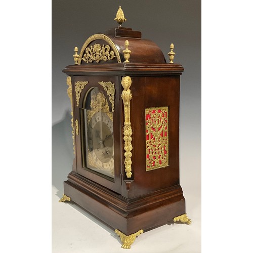 1757 - A George II style gilt metal mounted mahogany bracket clock, 18.5cm arched brass dial with silvered ... 