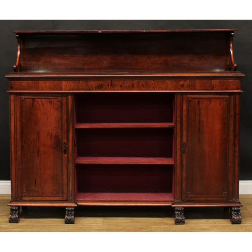 2153 - A large early Victorian rosewood chiffonier, the superstructure with shaped supports, rectangular to... 