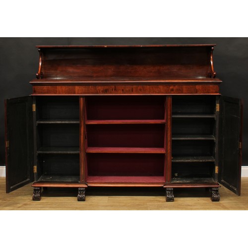 2153 - A large early Victorian rosewood chiffonier, the superstructure with shaped supports, rectangular to... 