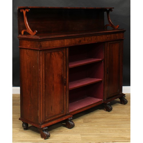 2153 - A large early Victorian rosewood chiffonier, the superstructure with shaped supports, rectangular to... 