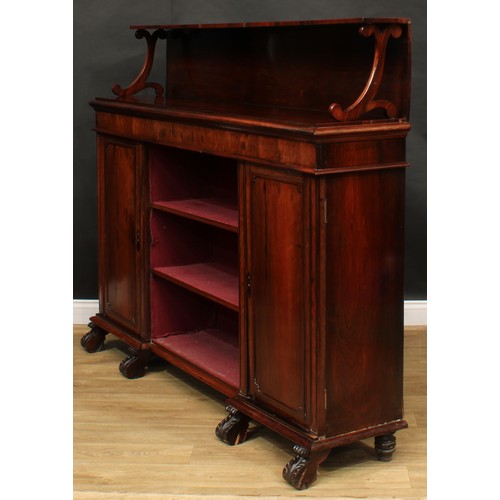 2153 - A large early Victorian rosewood chiffonier, the superstructure with shaped supports, rectangular to... 