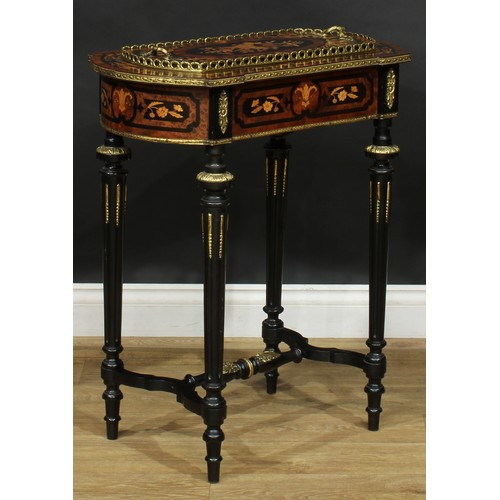 1605 - A 19th century gilt metal mounted amboyna, ebonised and marquetry jardiniere table, removable cover ... 