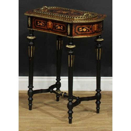 1605 - A 19th century gilt metal mounted amboyna, ebonised and marquetry jardiniere table, removable cover ... 