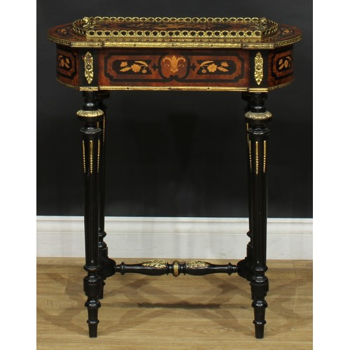 1605 - A 19th century gilt metal mounted amboyna, ebonised and marquetry jardiniere table, removable cover ... 