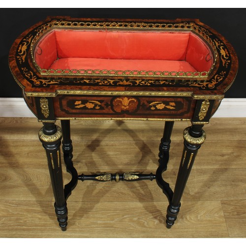 1605 - A 19th century gilt metal mounted amboyna, ebonised and marquetry jardiniere table, removable cover ... 