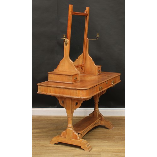 1839 - A late Victorian Aesthetic Movement beech dressing table, rectangular mirror flanked by brass candle... 