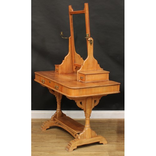 1839 - A late Victorian Aesthetic Movement beech dressing table, rectangular mirror flanked by brass candle... 