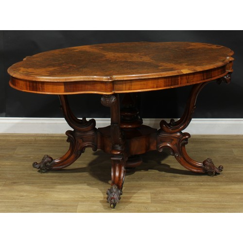 2285 - A Victorian walnut basket-base centre table, quarter-veneered burr top with moulded edge, S-scroll s... 