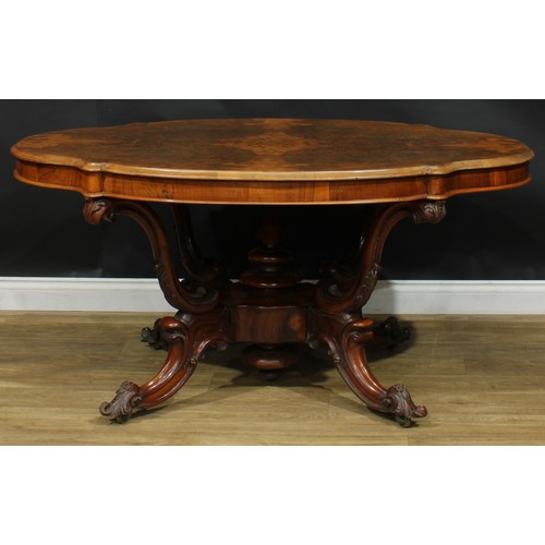 2285 - A Victorian walnut basket-base centre table, quarter-veneered burr top with moulded edge, S-scroll s... 