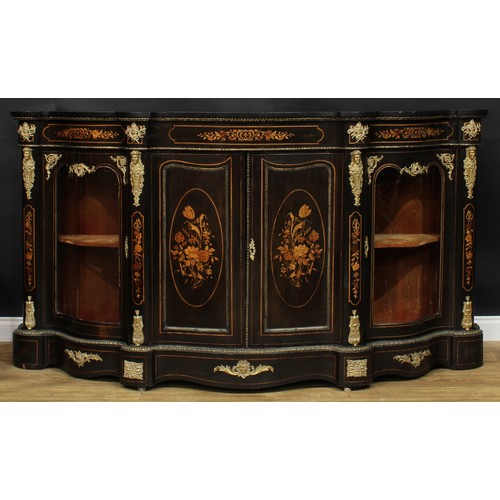 2257 - A Victorian gilt metal mounted ebonised and marquetry serpentine credenza, slightly oversailing top ... 