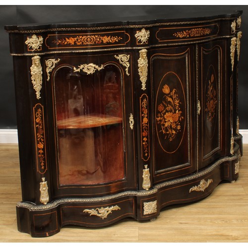 2257 - A Victorian gilt metal mounted ebonised and marquetry serpentine credenza, slightly oversailing top ... 