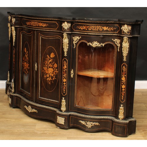 2257 - A Victorian gilt metal mounted ebonised and marquetry serpentine credenza, slightly oversailing top ... 