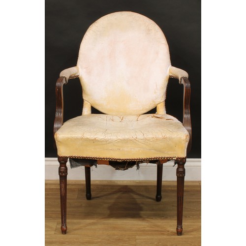 1861 - A pair of 19th century French Hepplewhite design elbow chairs, stuffed-over upholstery, stop-fluted ... 