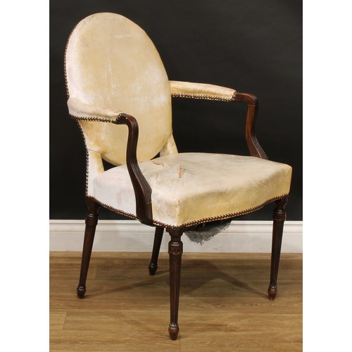 1861 - A pair of 19th century French Hepplewhite design elbow chairs, stuffed-over upholstery, stop-fluted ... 