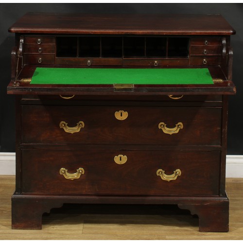 1736 - A George II red walnut and mahogany secretaire chest, oversailing top with moulded edge above four l... 