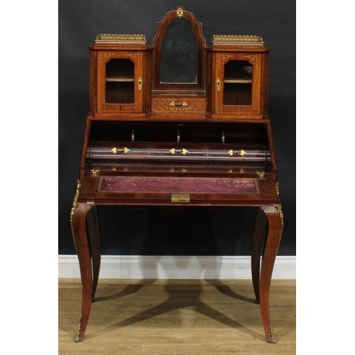 2516 - A Louis XV Revival Franglais rosewood and marquetry bureau de dame, shaped superstructure centred by... 