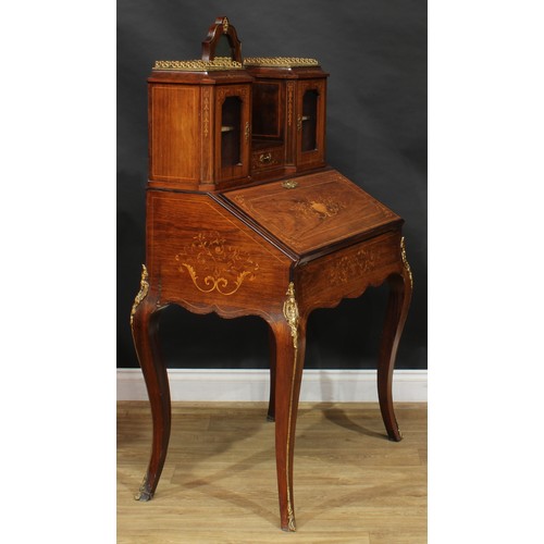 2516 - A Louis XV Revival Franglais rosewood and marquetry bureau de dame, shaped superstructure centred by... 