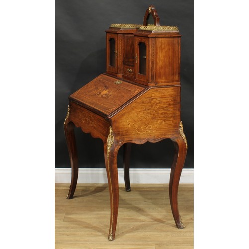 2516 - A Louis XV Revival Franglais rosewood and marquetry bureau de dame, shaped superstructure centred by... 