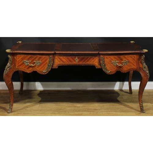 2521 - A Louis XV Revival gilt metal mounted rosewood bureau plat, shaped rectangular top with inset tooled... 