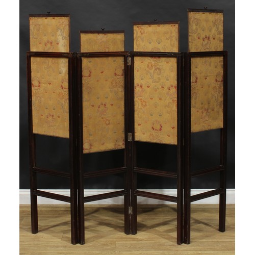 1628 - A 19th century mahogany four-fold screen, pull-up banners, 124cm high, each panel 38cm wide