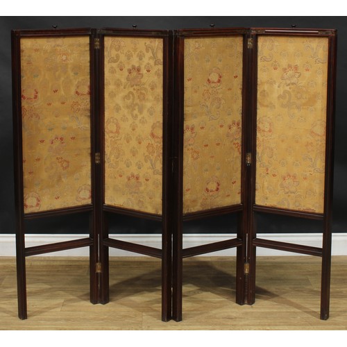 1628 - A 19th century mahogany four-fold screen, pull-up banners, 124cm high, each panel 38cm wide