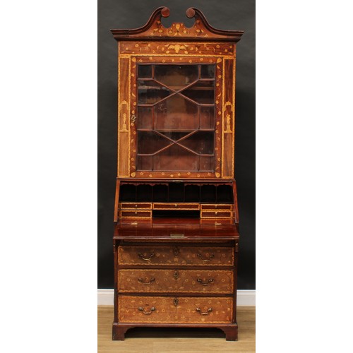 1616 - A 19th century mahogany and marquetry bureau bookcase, swan neck pediment above an astragal glazed d... 