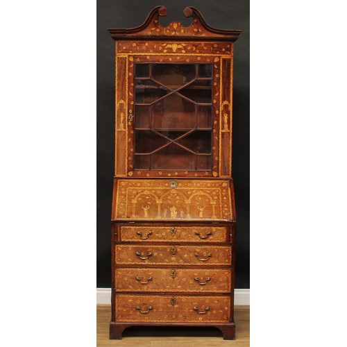 1616 - A 19th century mahogany and marquetry bureau bookcase, swan neck pediment above an astragal glazed d... 