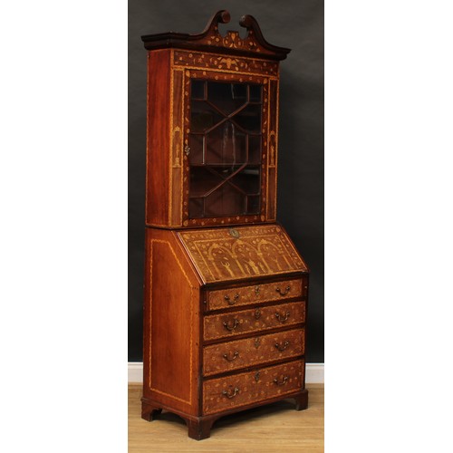 1616 - A 19th century mahogany and marquetry bureau bookcase, swan neck pediment above an astragal glazed d... 