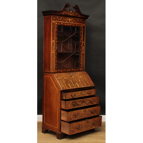 1616 - A 19th century mahogany and marquetry bureau bookcase, swan neck pediment above an astragal glazed d... 