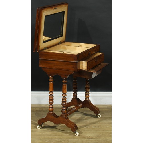 1835 - A late 19th century walnut work table, hinged top enclosing a mirror and compartmented interior abov... 