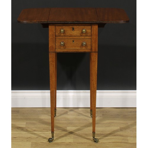 2365 - A Regency mahogany work table, rounded rectangular top with reeded edge and fall leaves above a fall... 