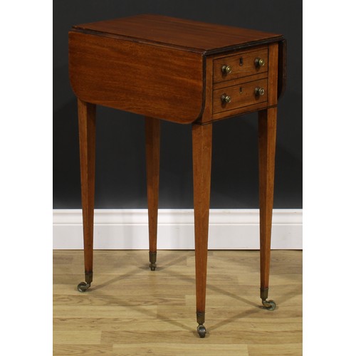 2365 - A Regency mahogany work table, rounded rectangular top with reeded edge and fall leaves above a fall... 