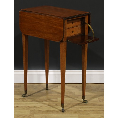 2365 - A Regency mahogany work table, rounded rectangular top with reeded edge and fall leaves above a fall... 