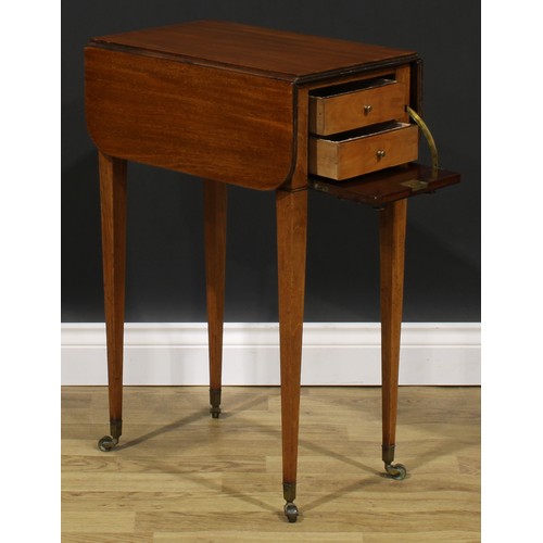 2365 - A Regency mahogany work table, rounded rectangular top with reeded edge and fall leaves above a fall... 