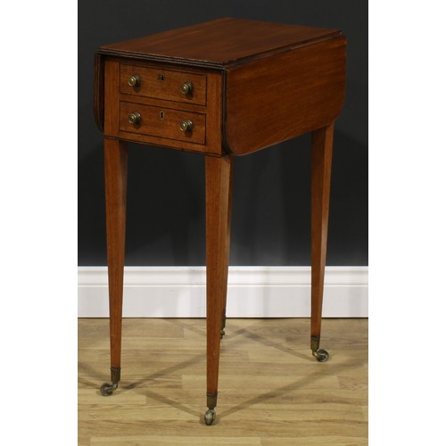 2365 - A Regency mahogany work table, rounded rectangular top with reeded edge and fall leaves above a fall... 