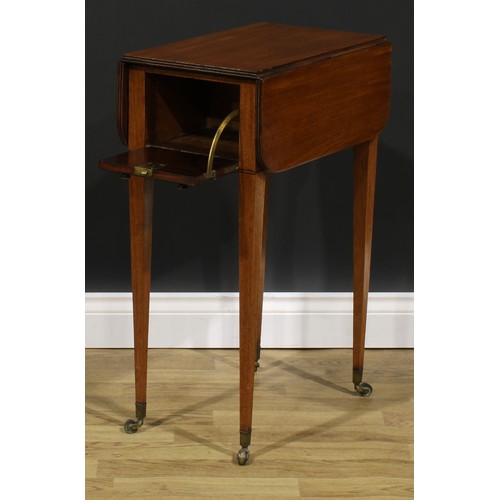 2365 - A Regency mahogany work table, rounded rectangular top with reeded edge and fall leaves above a fall... 