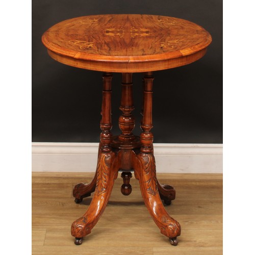 2213 - A Victorian walnut and marquetry centre table, of small proportions, oval tilting top, turned column... 